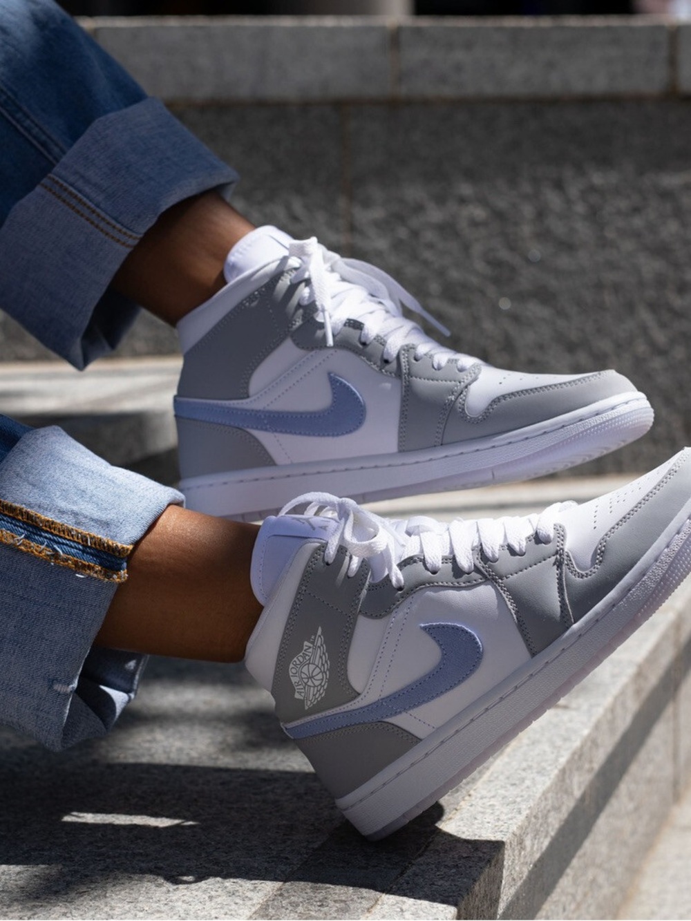 Nike Air Jordan 1 Mid Gray, White & Light Blue Sneakers
